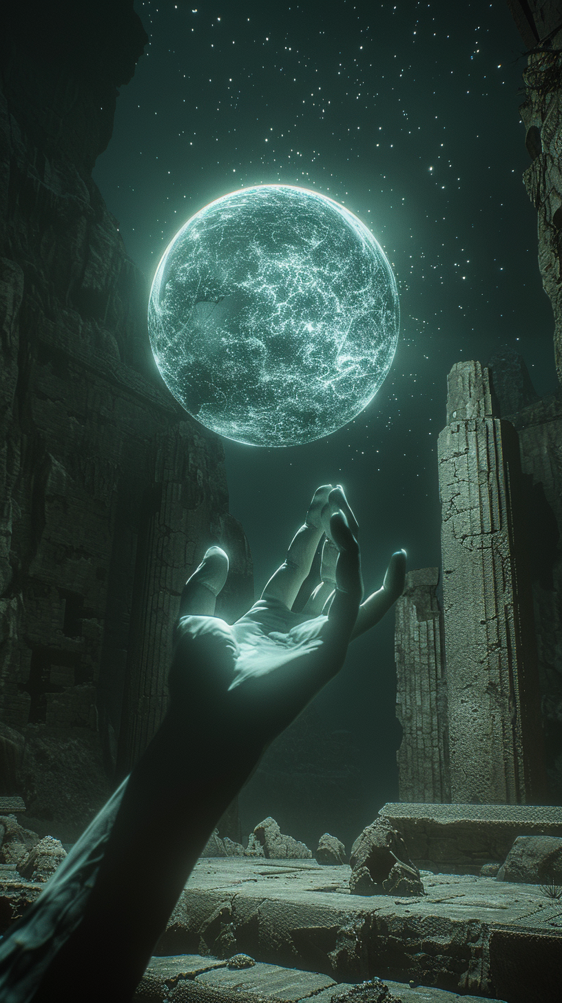 Ancient Ruins with Stone Hands Holding Glowing Saturn