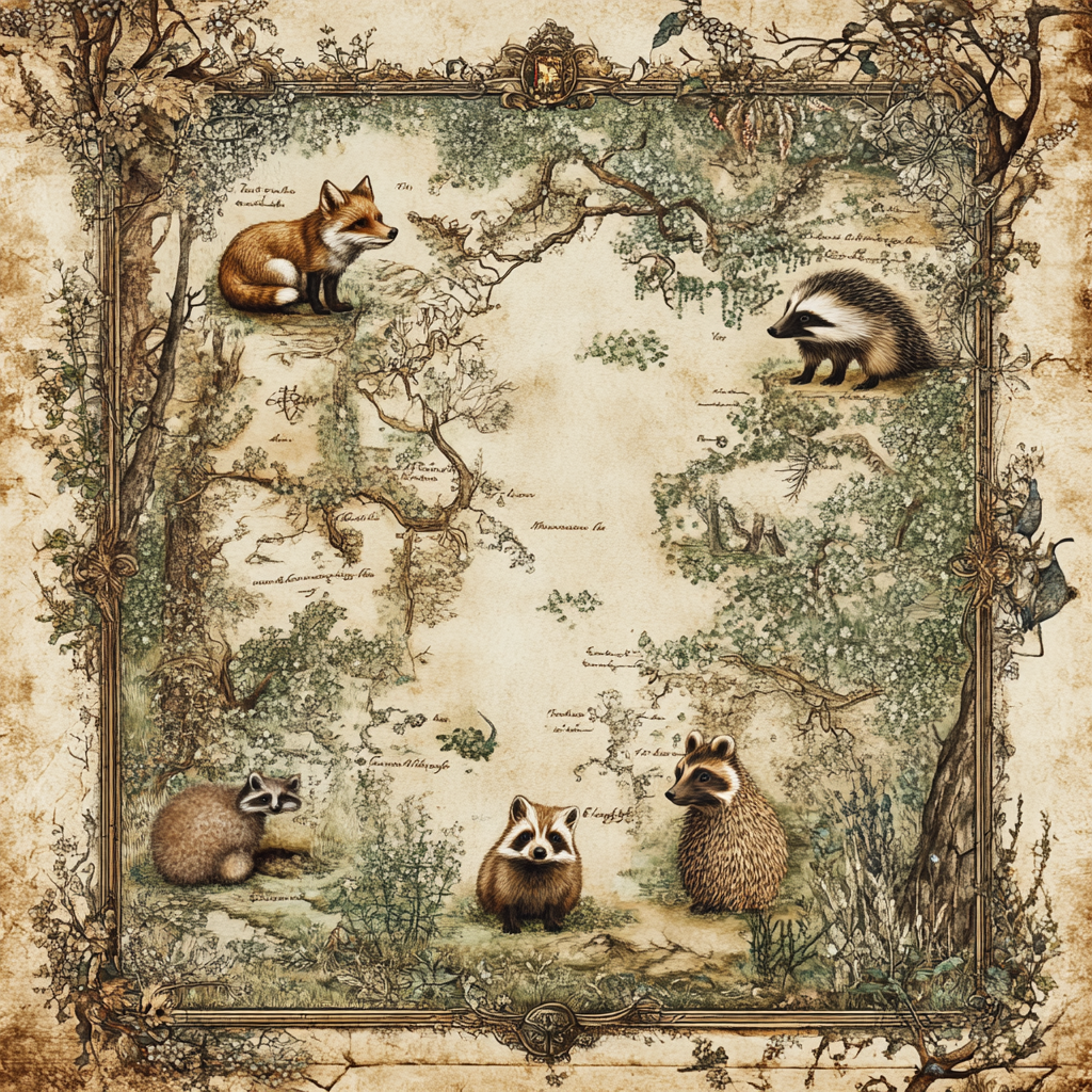 Ancient Woodland Map with Corner Animal Illustrations