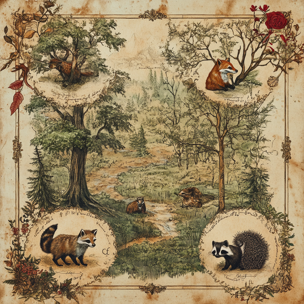 Ancient Woodland Map with Victorian Animal Illustrations