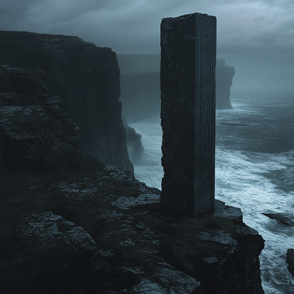 Ancient alter overlooking stormy ocean on rugged cliff.