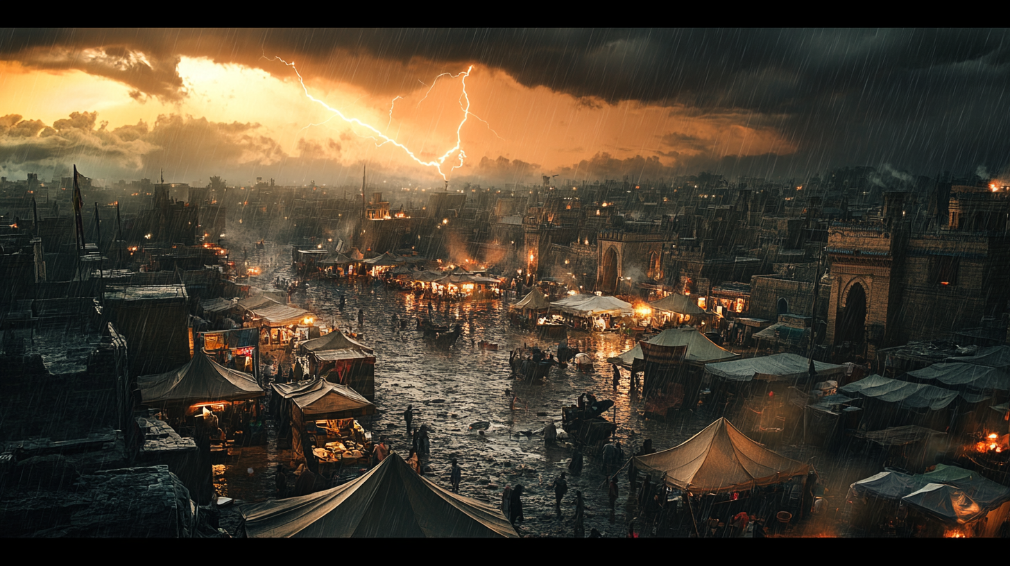 Ancient city at night: storm over marketplace