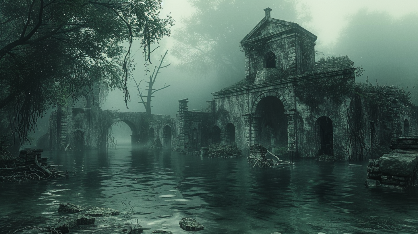 Ancient city ruins underwater, broken stone buildings, eerie atmosphere.