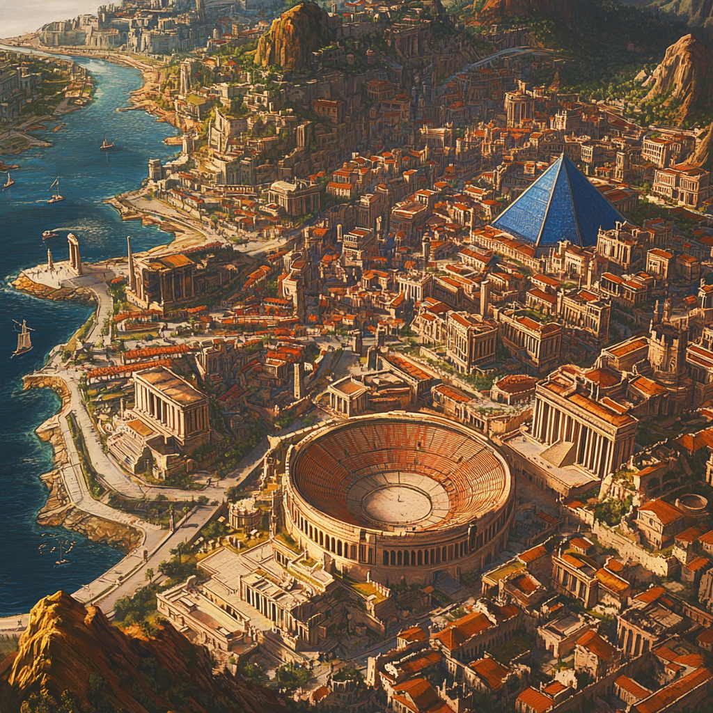 Ancient city with water surrounded by buildings, attractions.