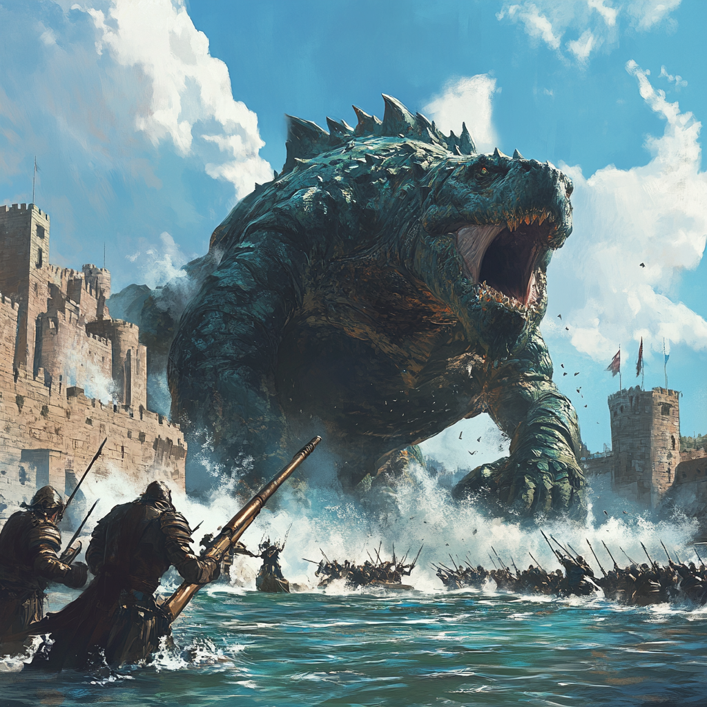 Ancient dragon turtle attacked port city with ballista.
