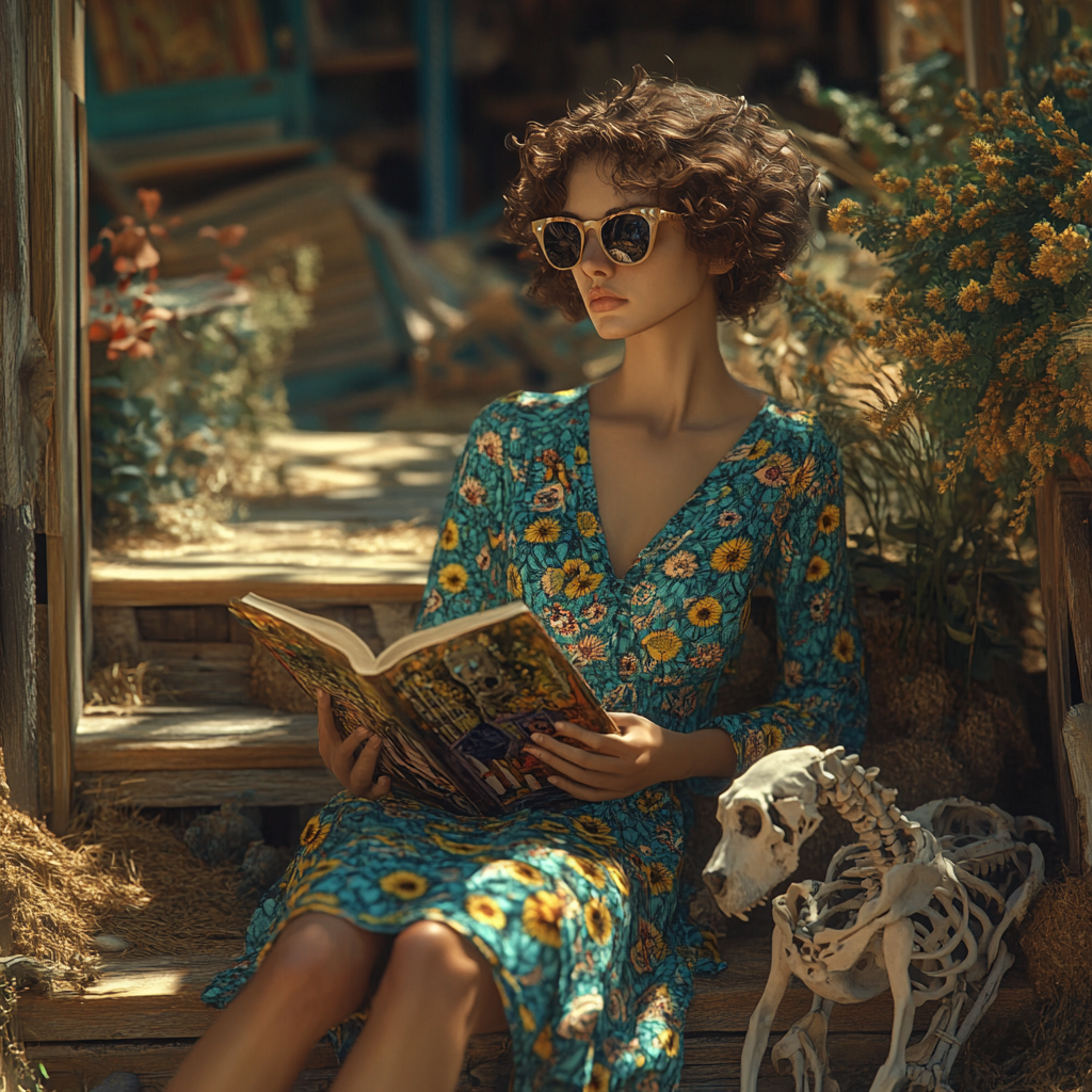 Ancient female skeleton reading with dog in abandoned village.