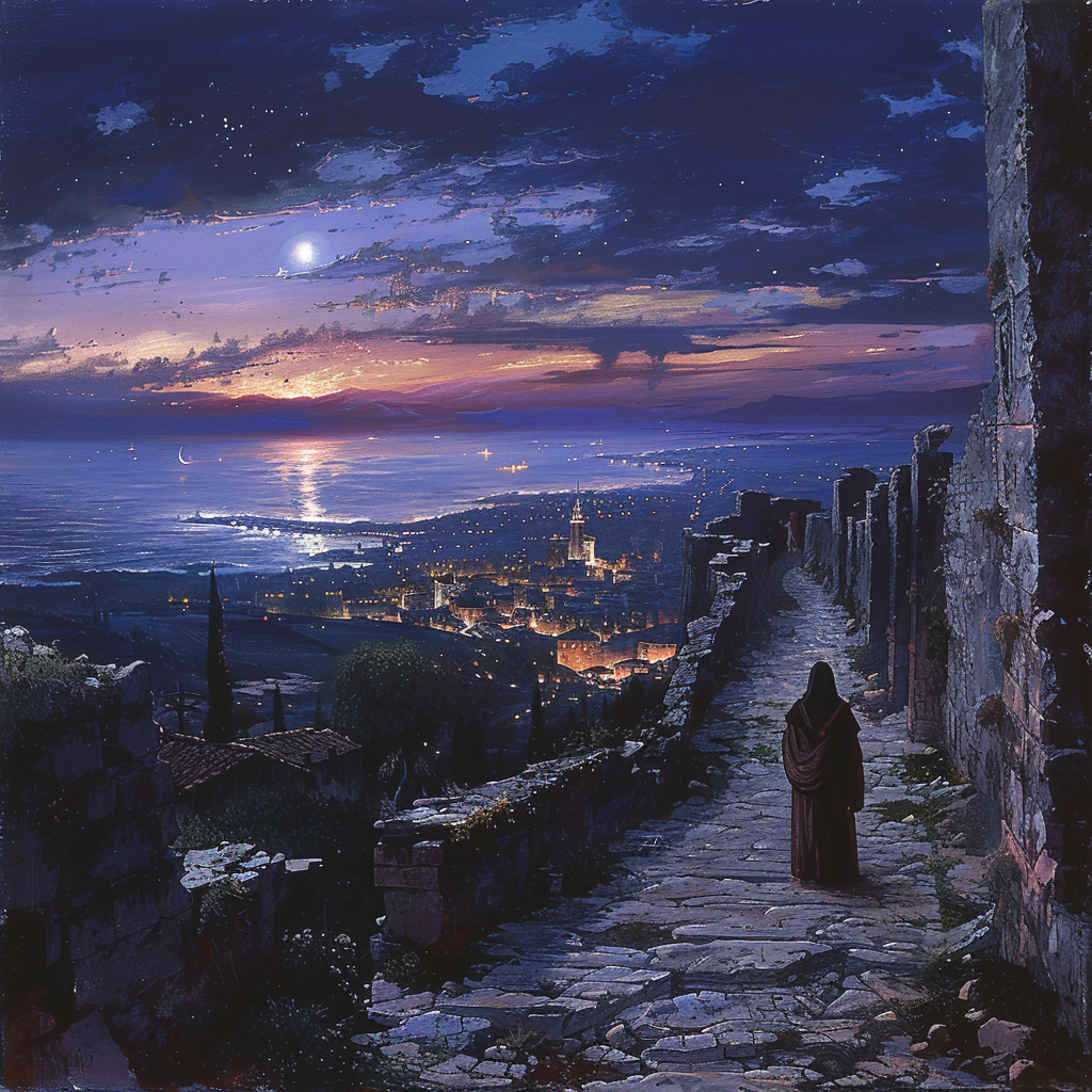 Ancient fortress overlooks city at twilight, lone figure