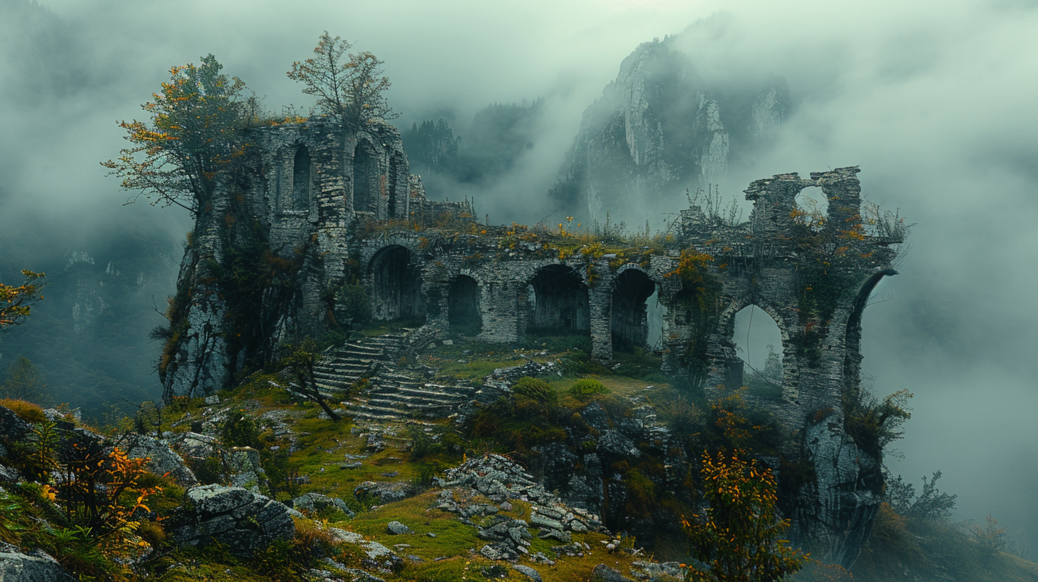 Ancient fortress ruins in mountains with wild vegetation.