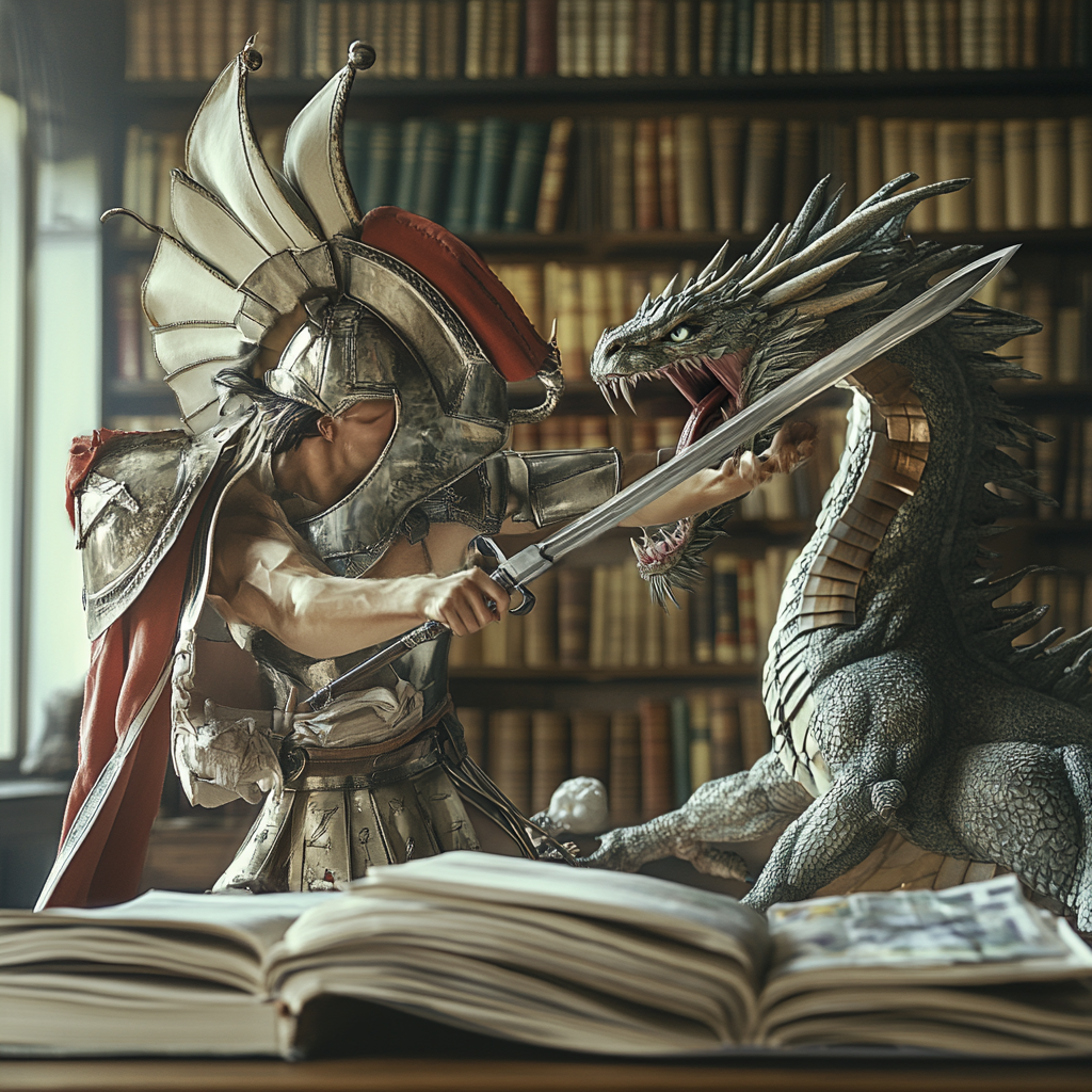 Ancient gladiator medical student fights dragon made of textbooks.