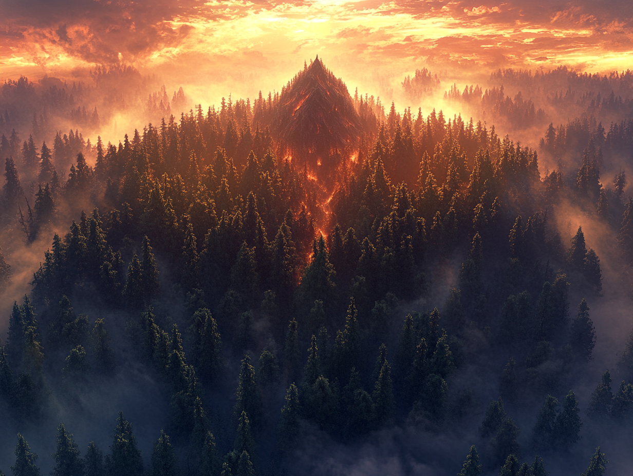 Ancient magical forest with red sunset mountain.