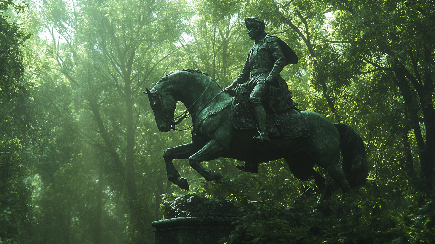 Ancient military leader statue under sunlight in forest