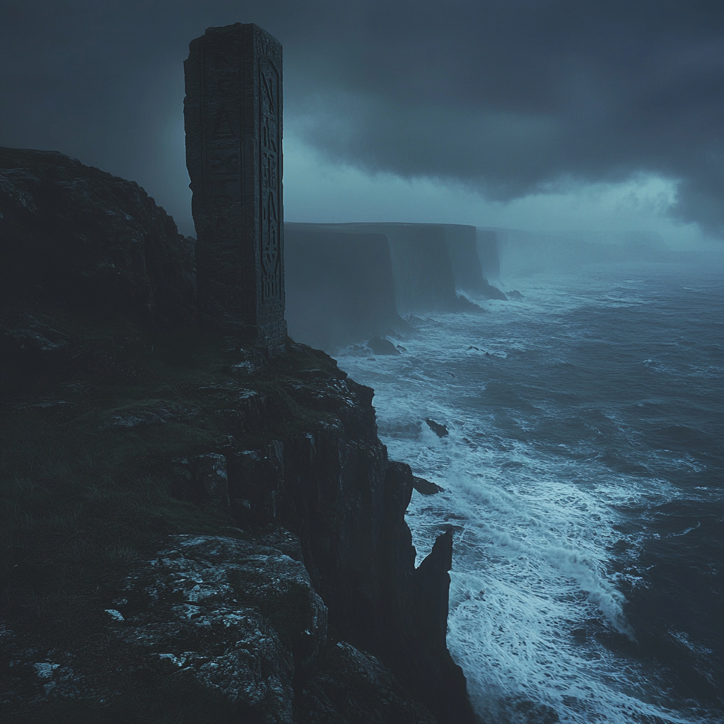 Ancient monument on cliff with mysterious glowing runes.