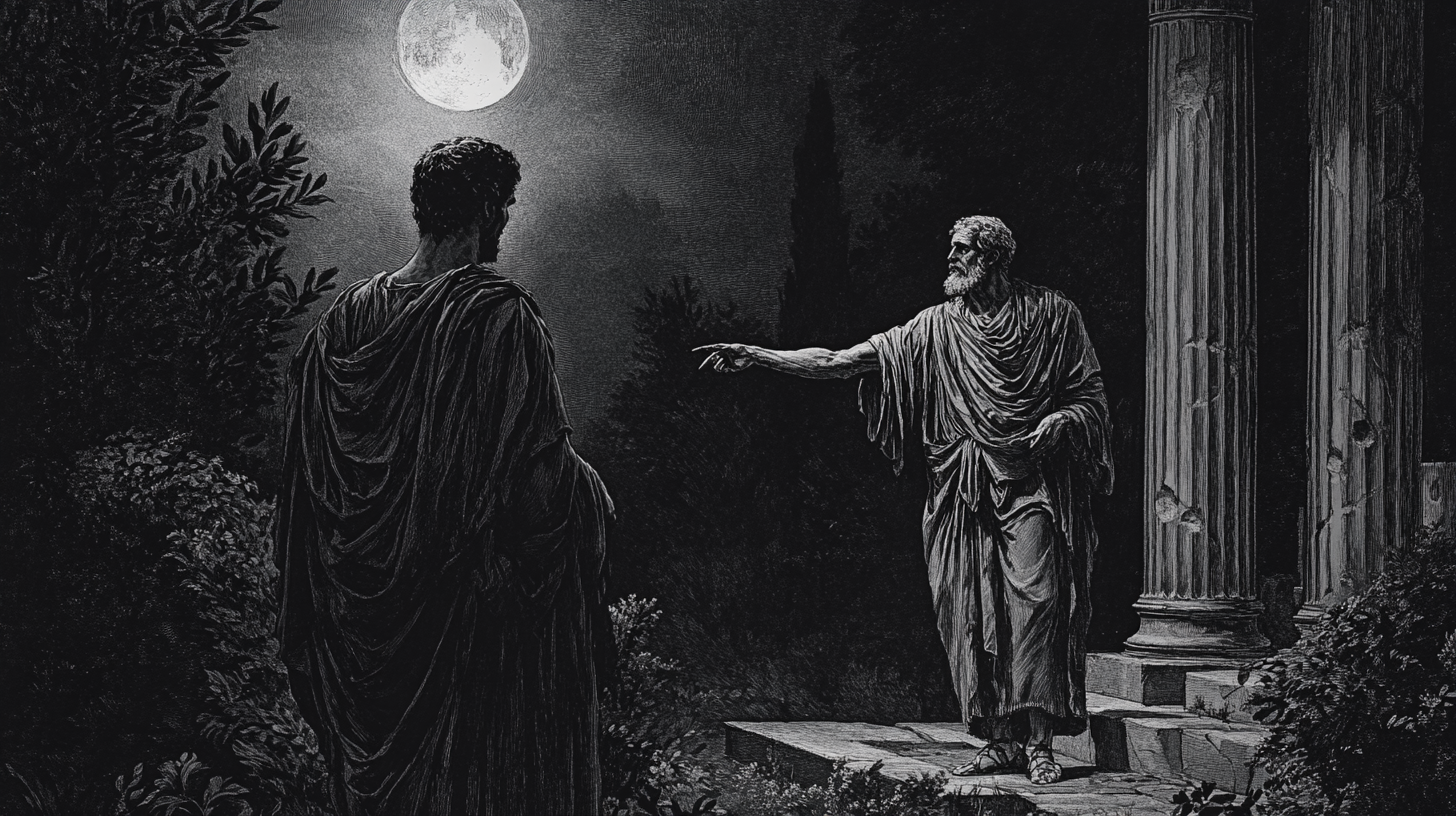 Ancient philosopher faces ghost in eerie moonlit garden.