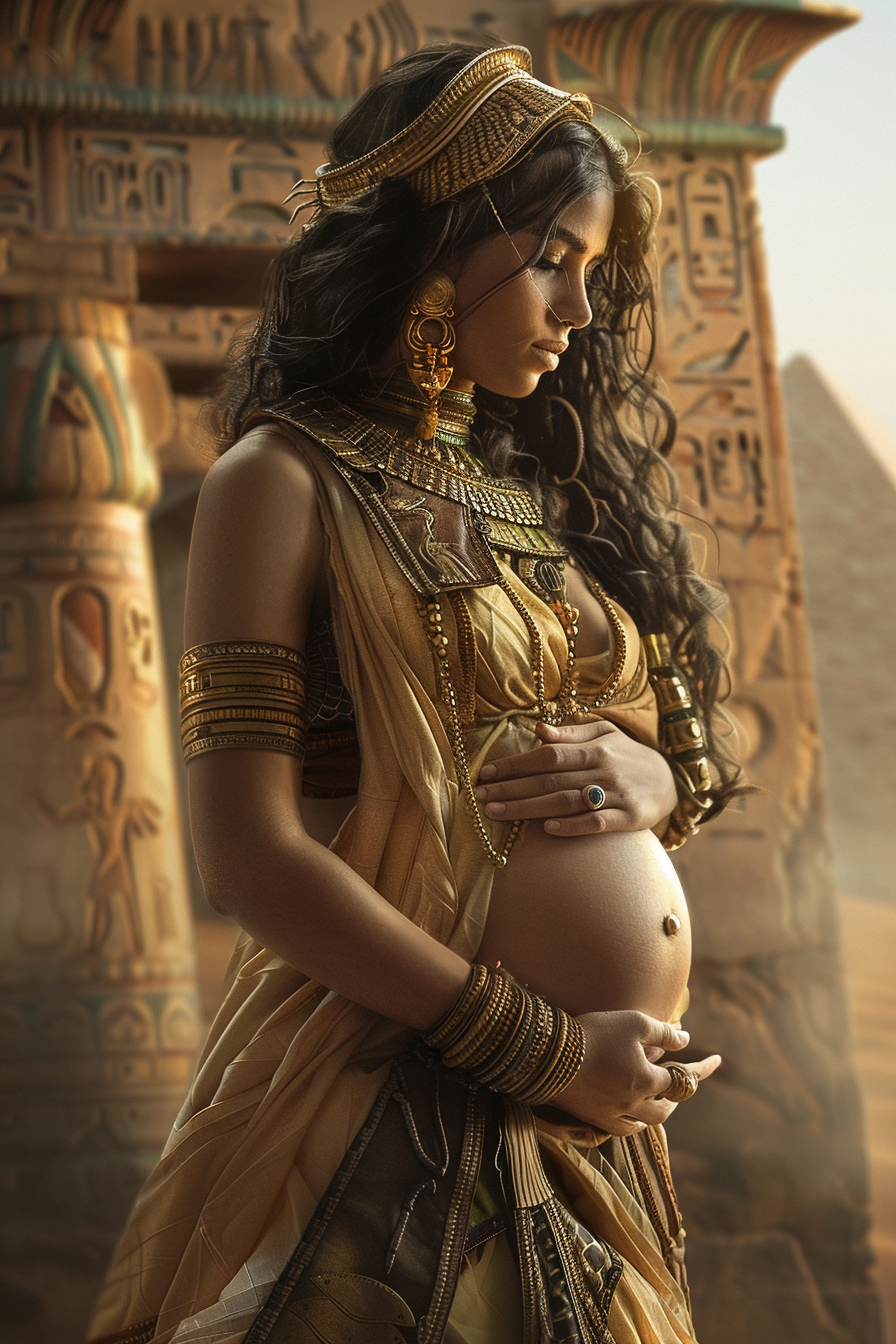 Ancient pregnant woman touching her womb in desert landscape.