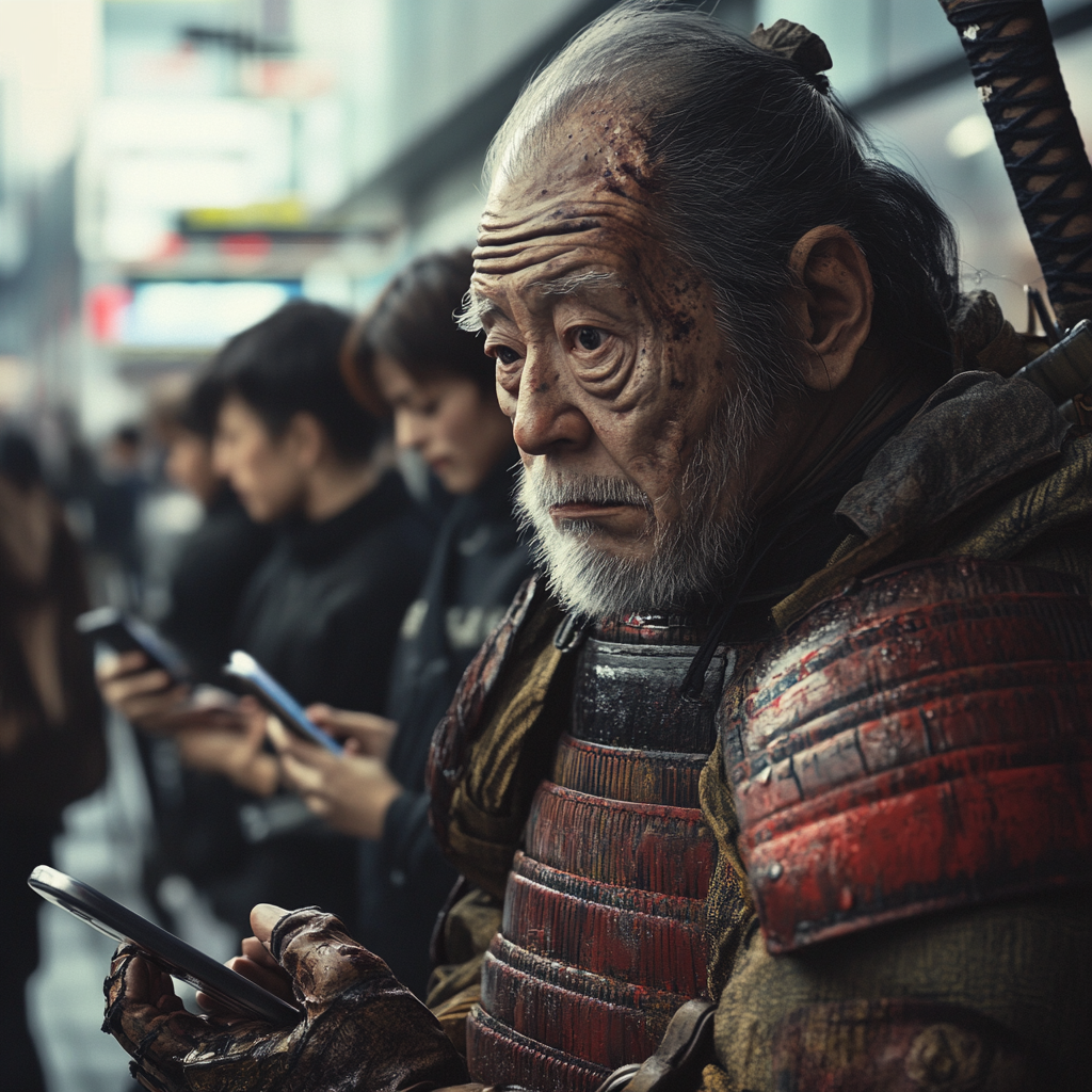 Ancient samurai bewildered by modern technology in Japan.