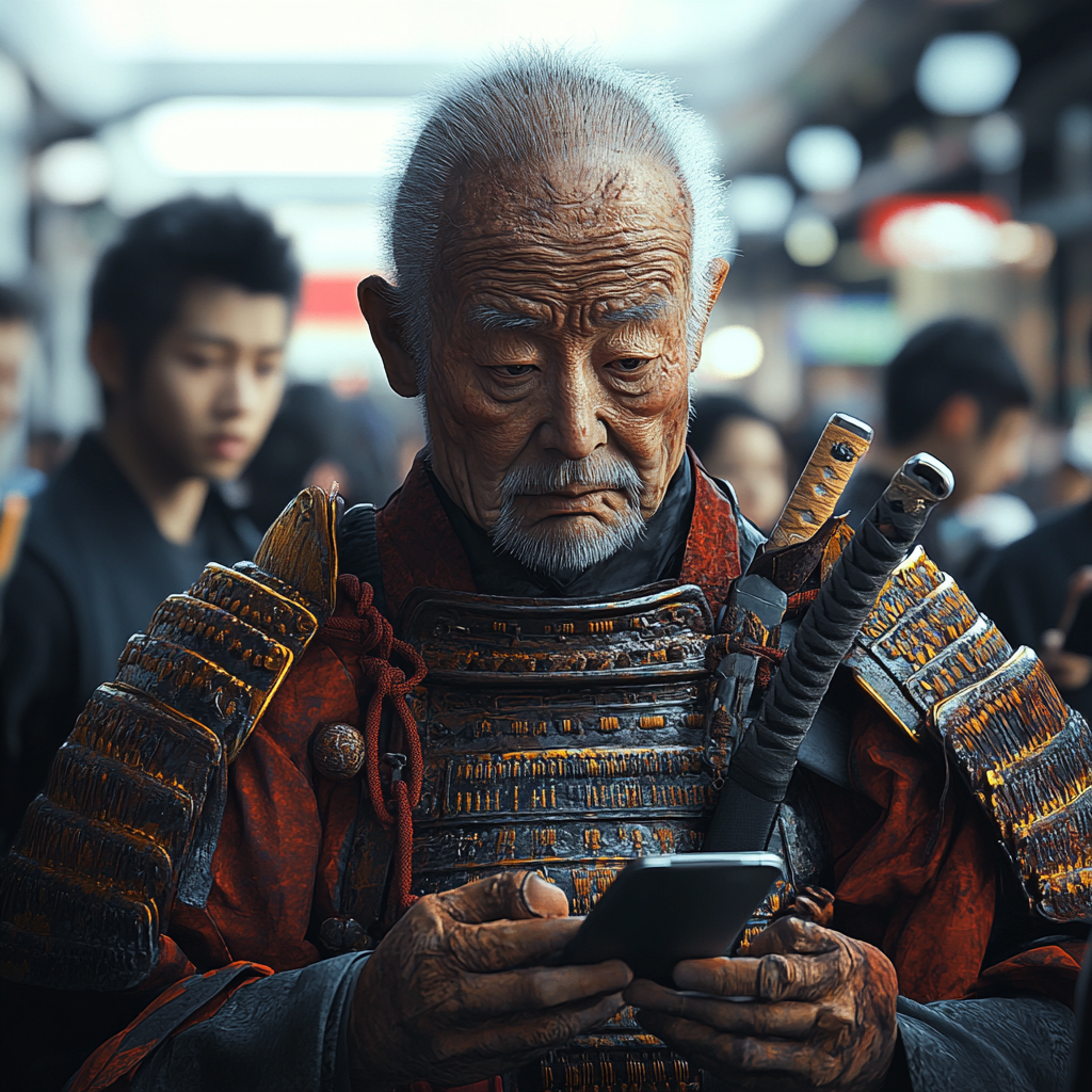 Ancient samurai in armor, confused by modern smartphones.