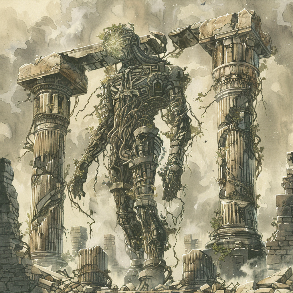 Ancient stone humanoid with glowing eyes in ruins landscape.