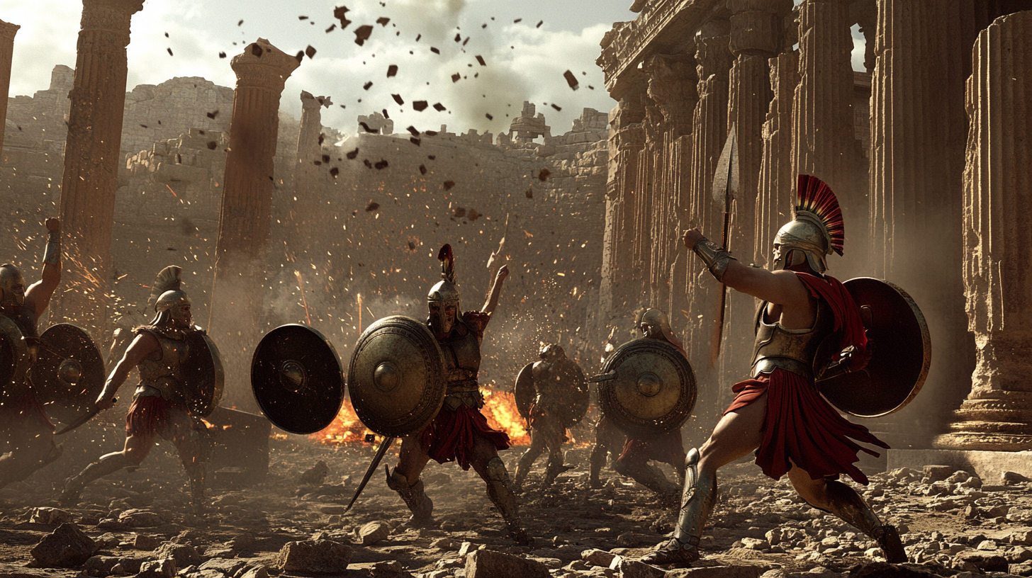 Ancient temple battle, falling columns and statues, epic scene.