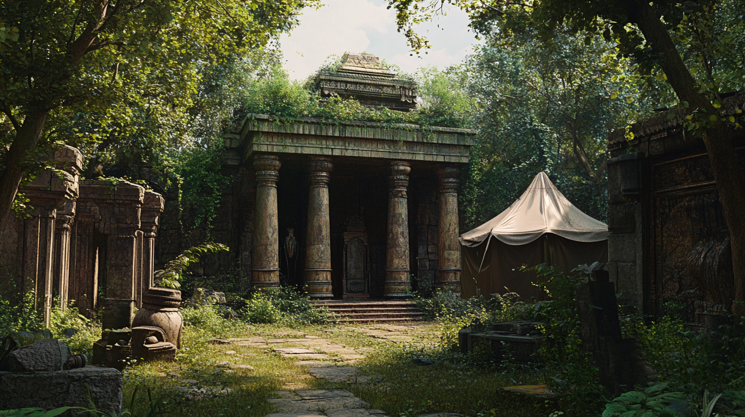 Ancient temple consumed by vibrant forest, futuristic items visible.