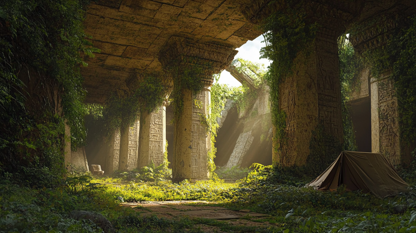 Ancient temple foyer consumed by vibrant forest overgrowth.