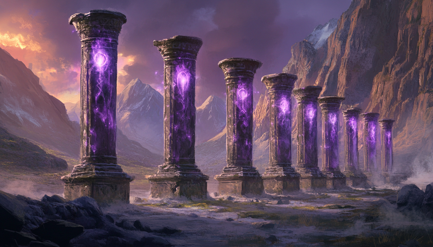 Ancient temple in dark landscape with glowing pillars