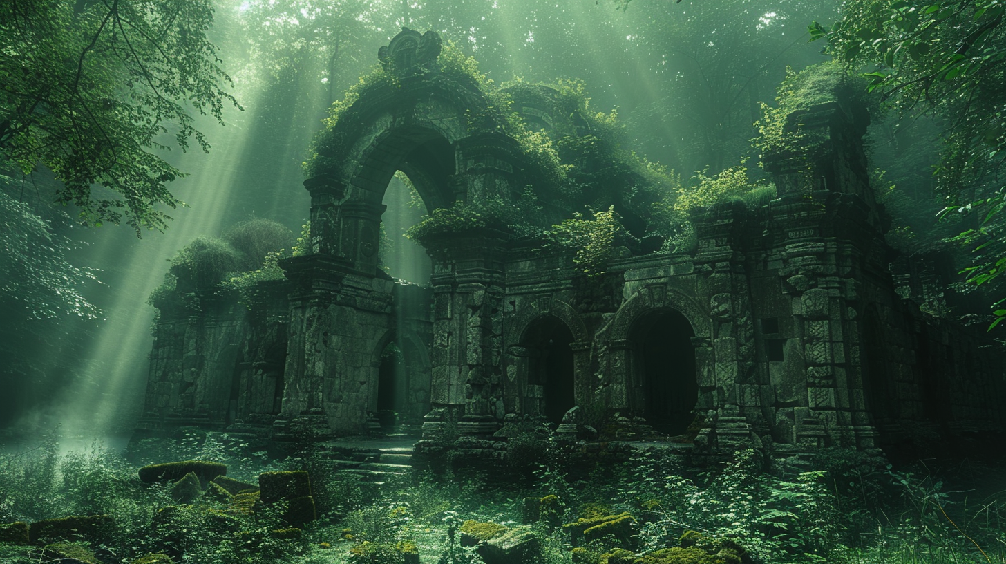 Ancient temple in forest with broken statues, mist rising.