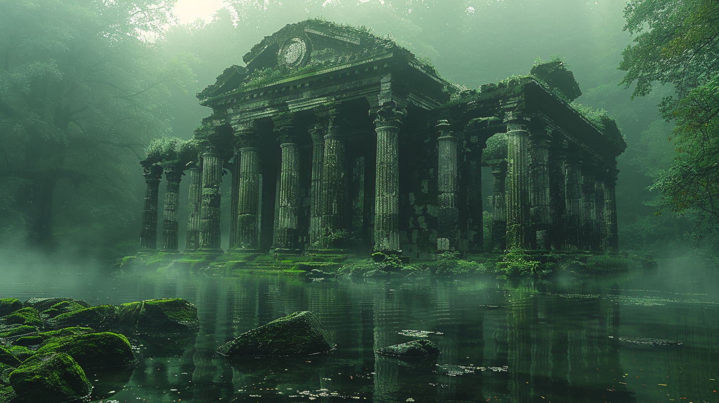 Ancient temple on forest lake, covered in moss.