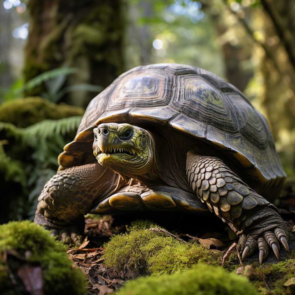 Ancient tortoise crawling through serene green forest.