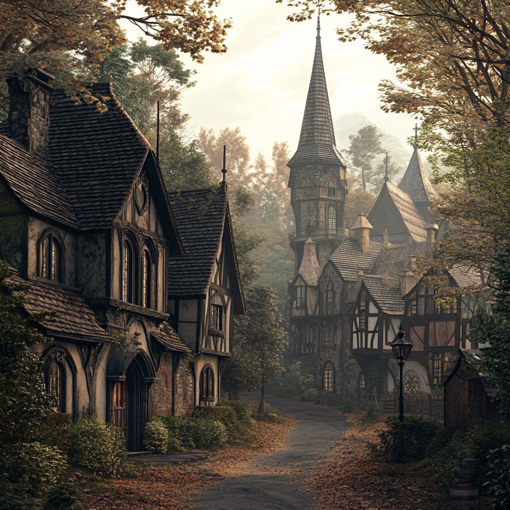 Ancient village with classic and gothic style buildings surrounded by woods.