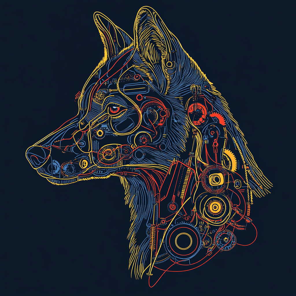 Ancient wolf head profile with colorful mechanical parts