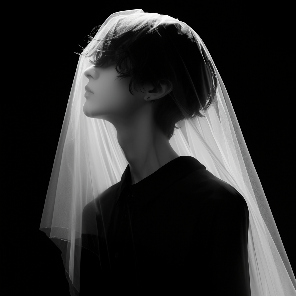 Androgynous woman in minimalist wedding dress, striking studio portrait.