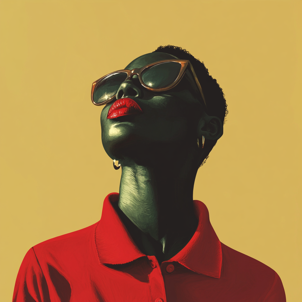 Androgynous woman in red shirt, sunglasses, vibrant portrait