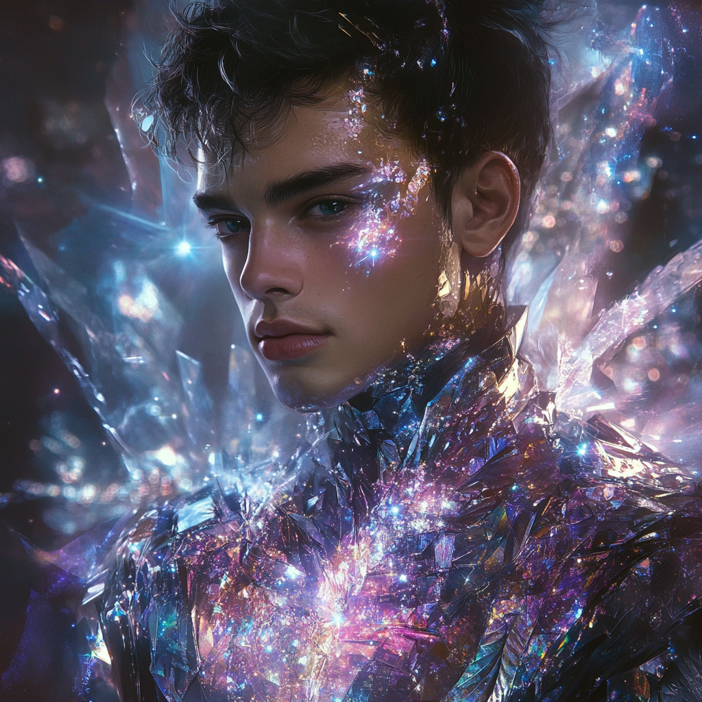 Androgynous young man in futuristic crystal outfit, galaxy backdrop.