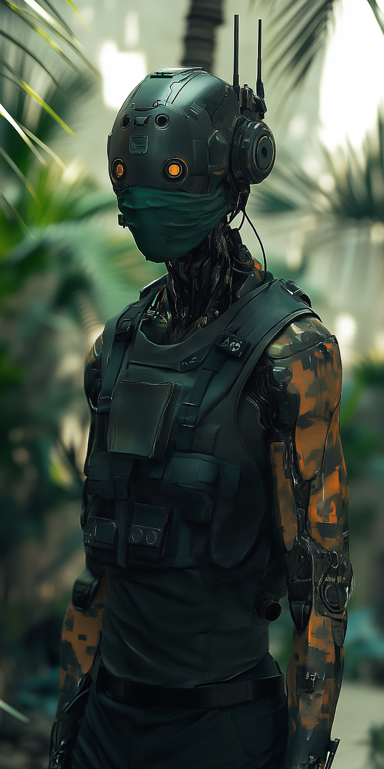 Android gang member with camo skin and sensors in city.