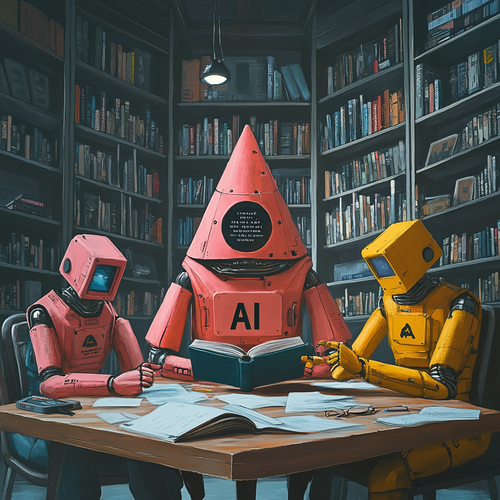 Androids at triangular table with AI-related books.