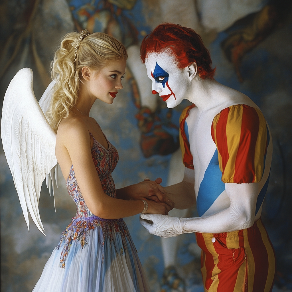 Angel Girl and Clown Shaking Hands Elegantly