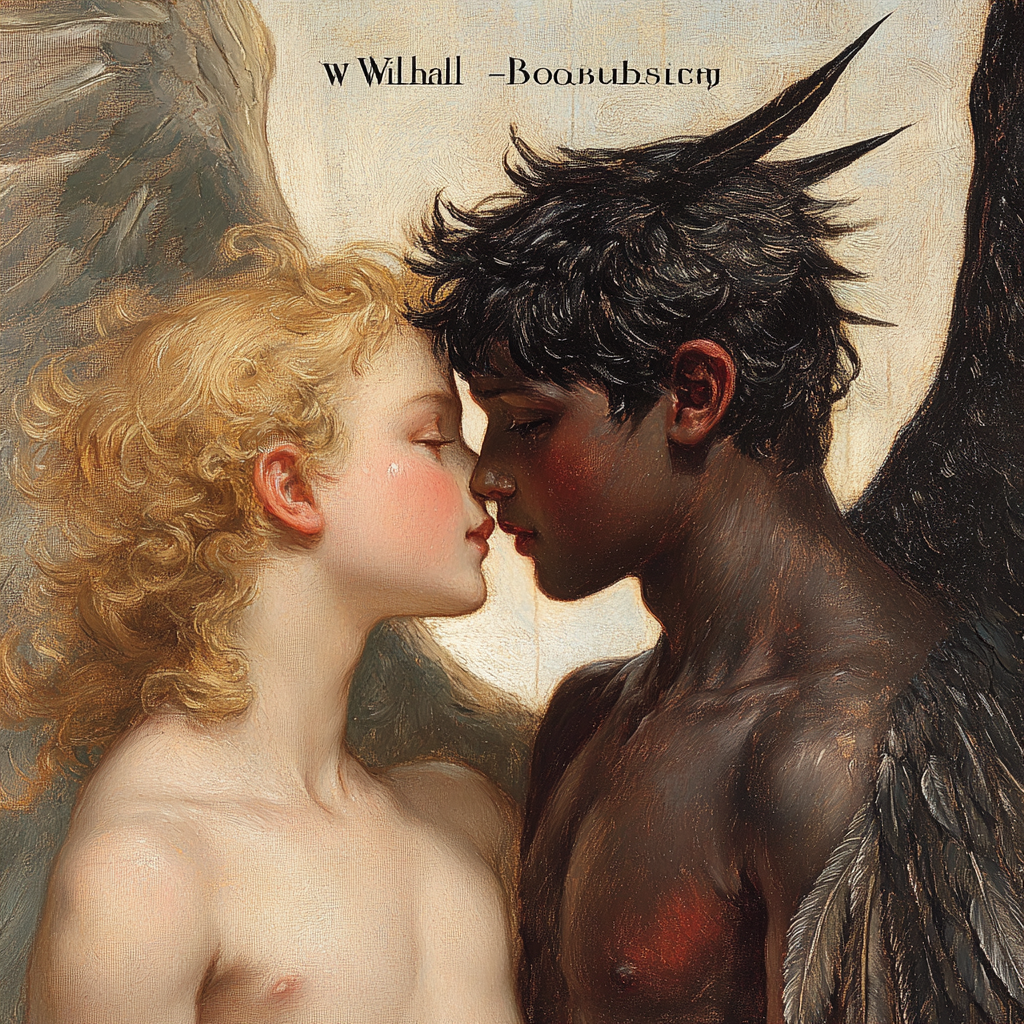 Angel and dark cupid kiss in painting light.