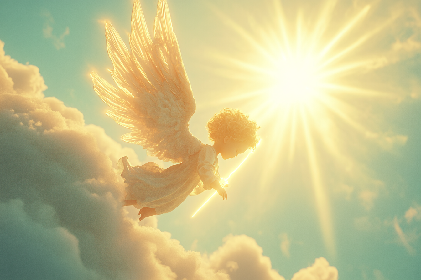 Angel awakening child with beams of pure light energy.