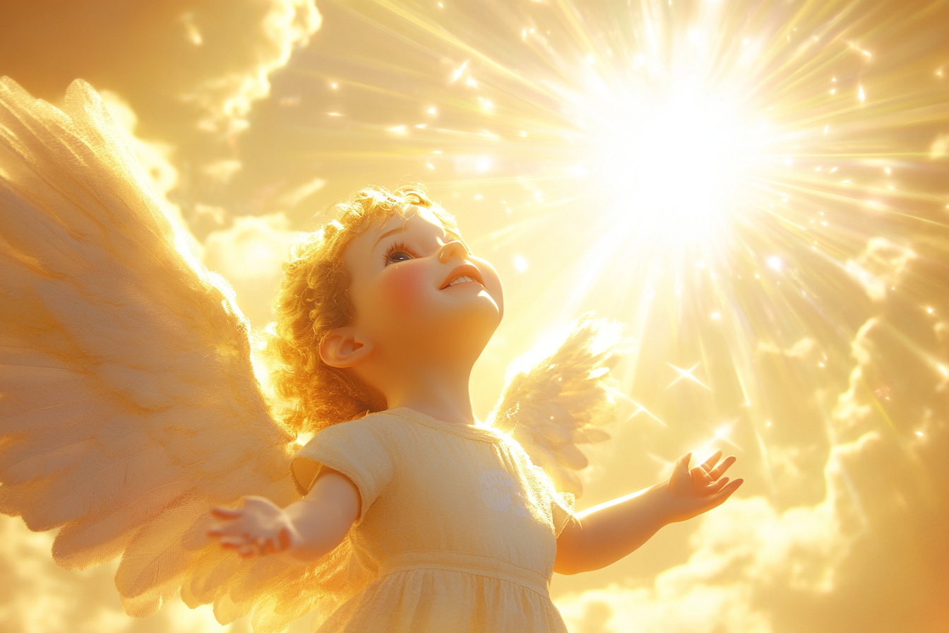 Angel guides child to inner light with radiant beams.