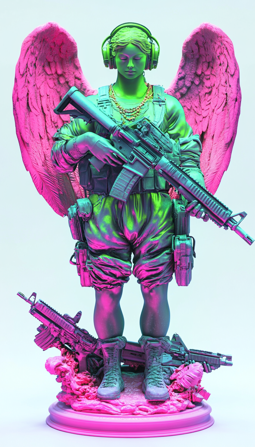 Angel holding ak-47s in vibrant 3d environment.