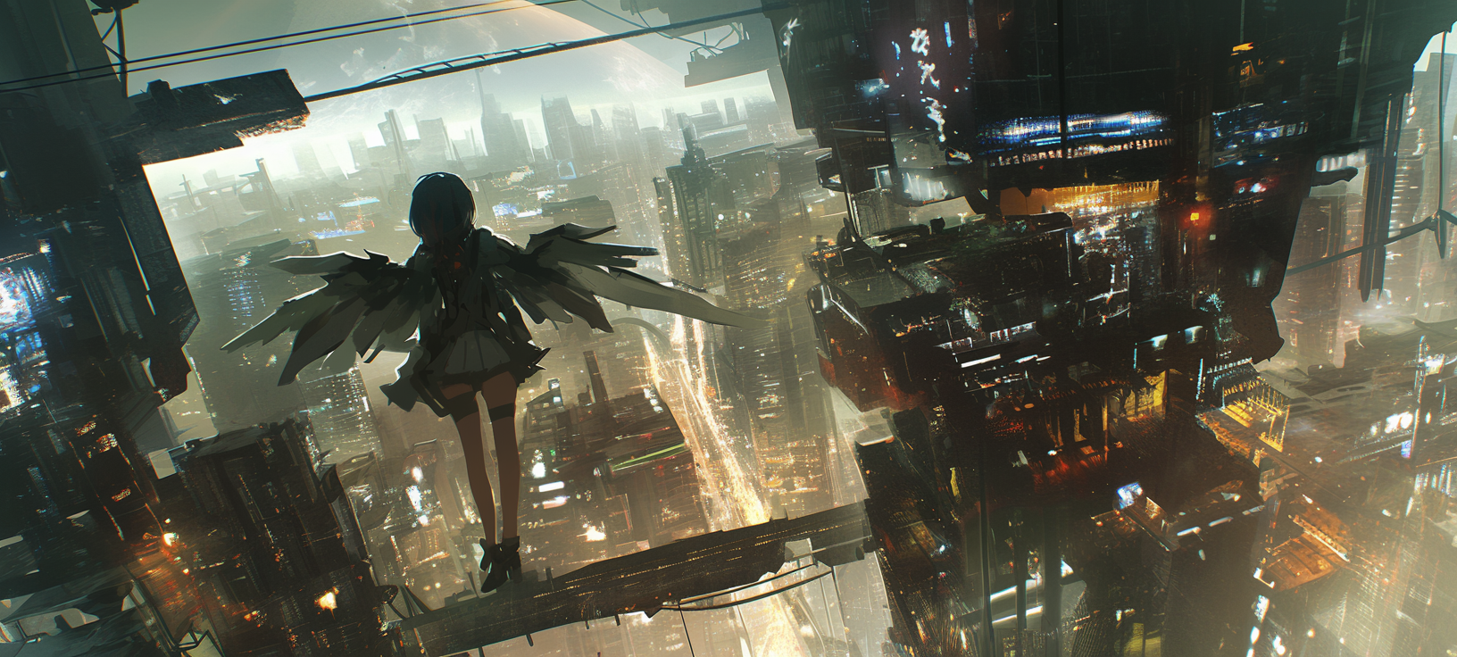 Angel-like girl with mechanical wings flies over dystopian city.