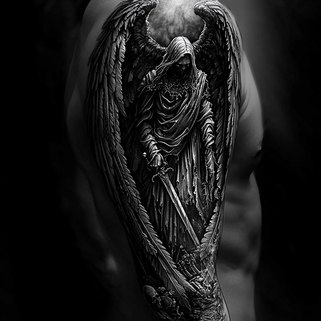 Angel of Death tattoo: male figure with dark wings, scythe.