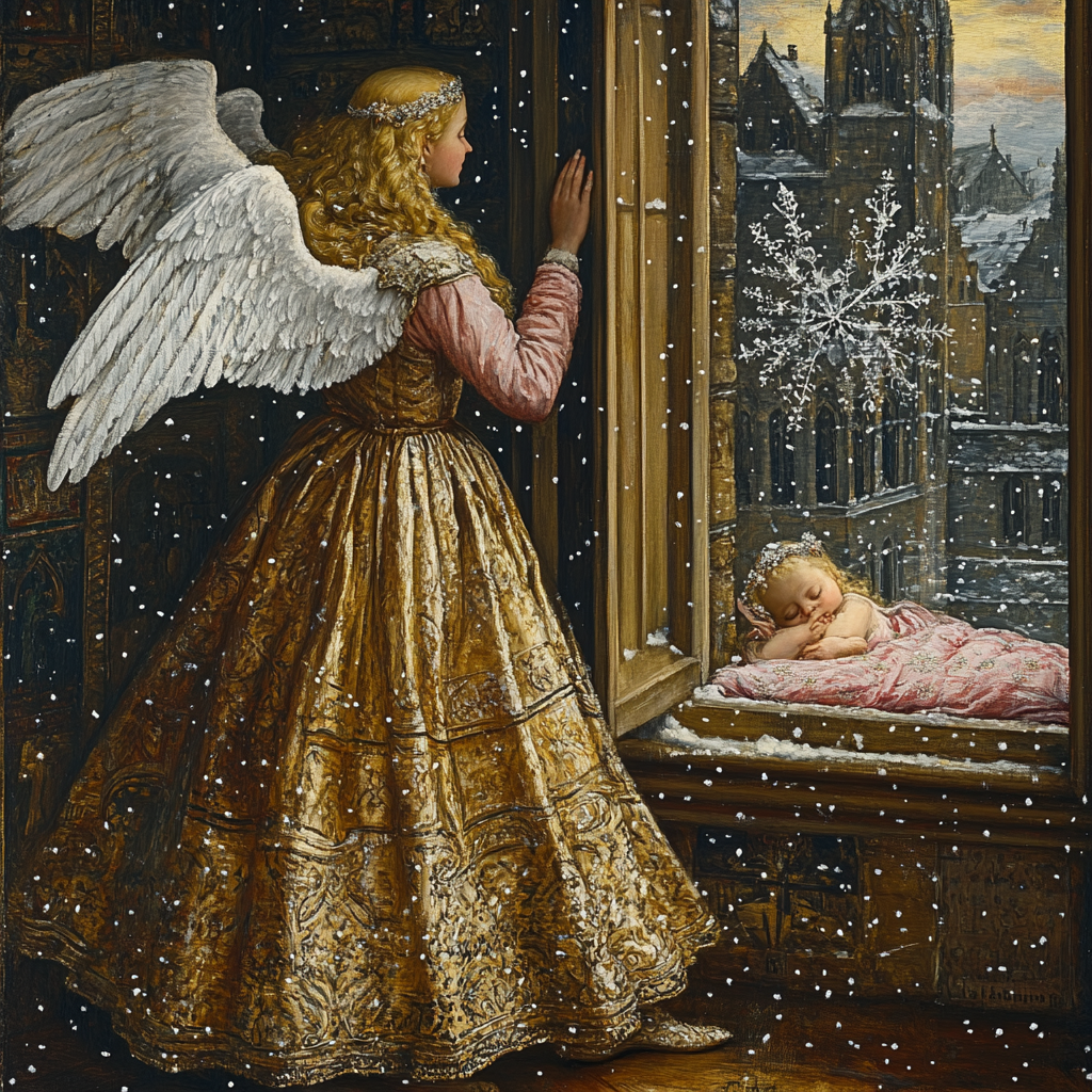 Angel watching child sleep through snowy window