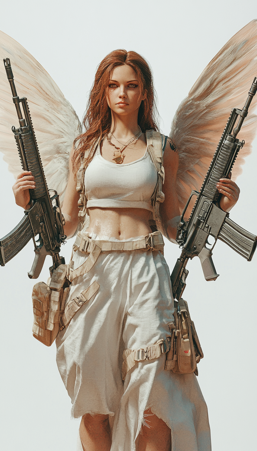 Angel with two ak-47s in vivid detail.