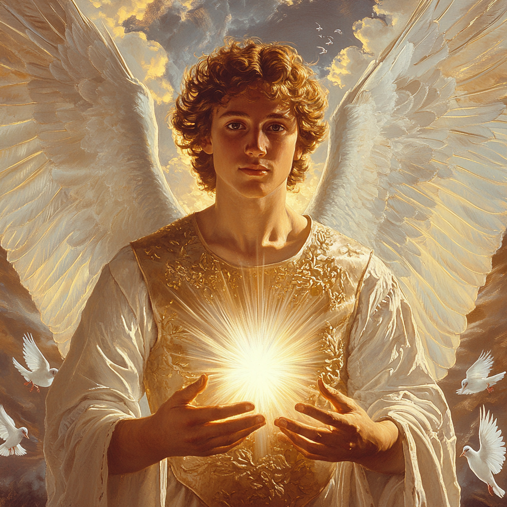 Angel with white wings, youthful face, celestial background