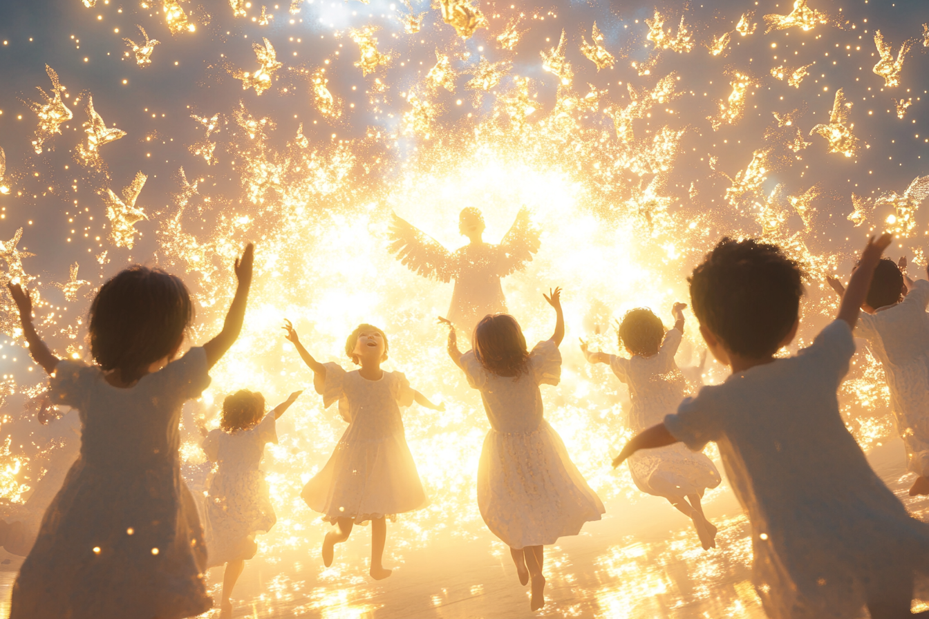 Angels in sky sending light to dancing children.