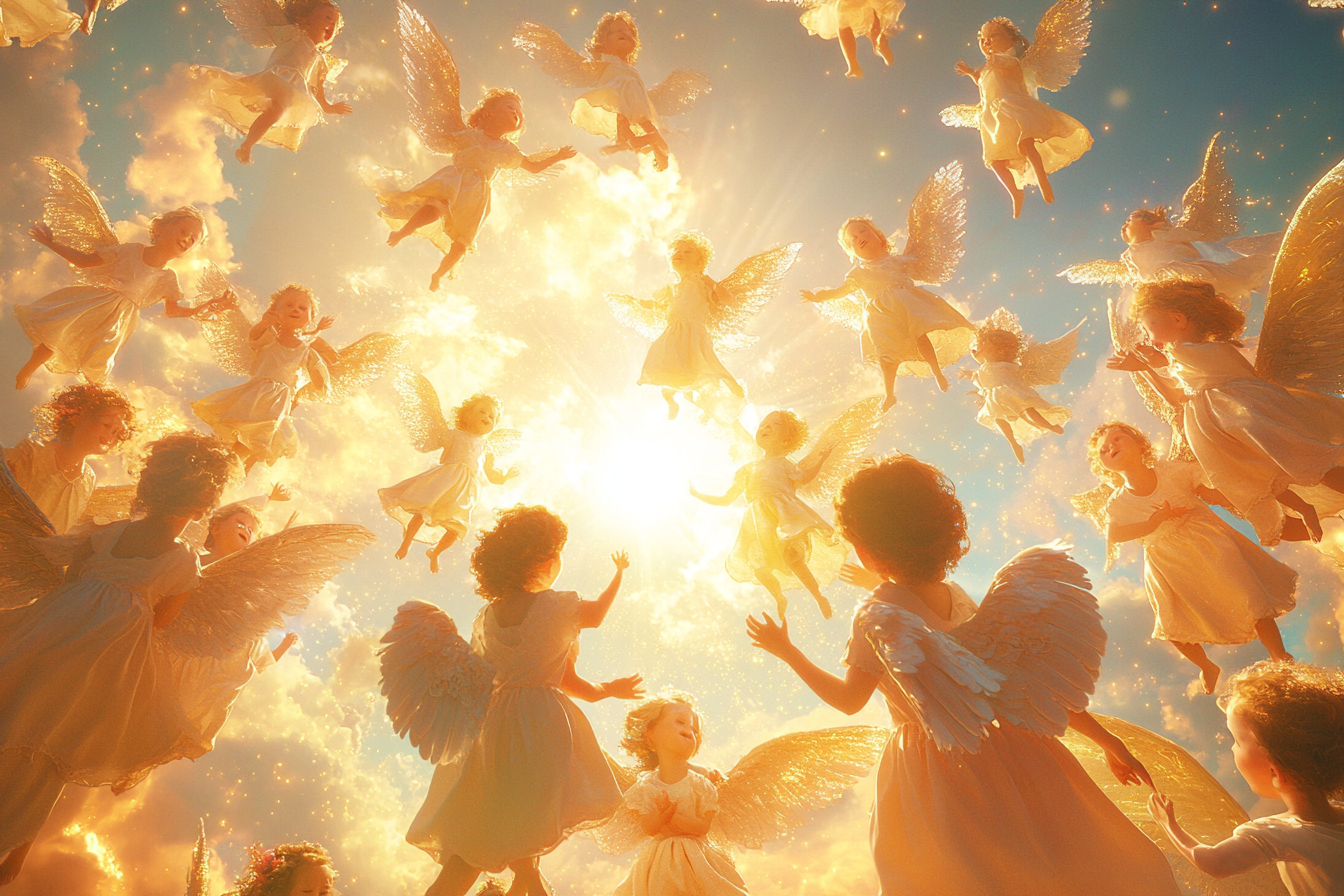 Angels in sky sending light to joyful children dancing.