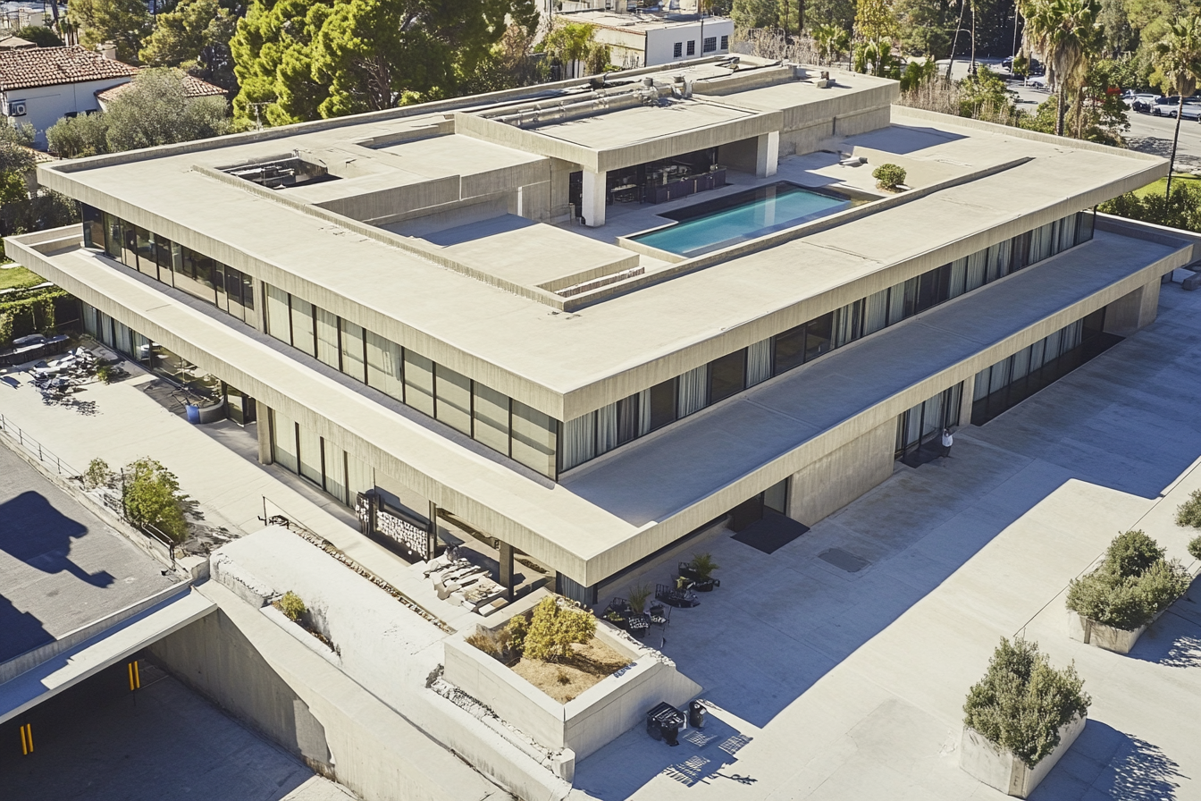 Angled view of modern concrete building with flat roof.