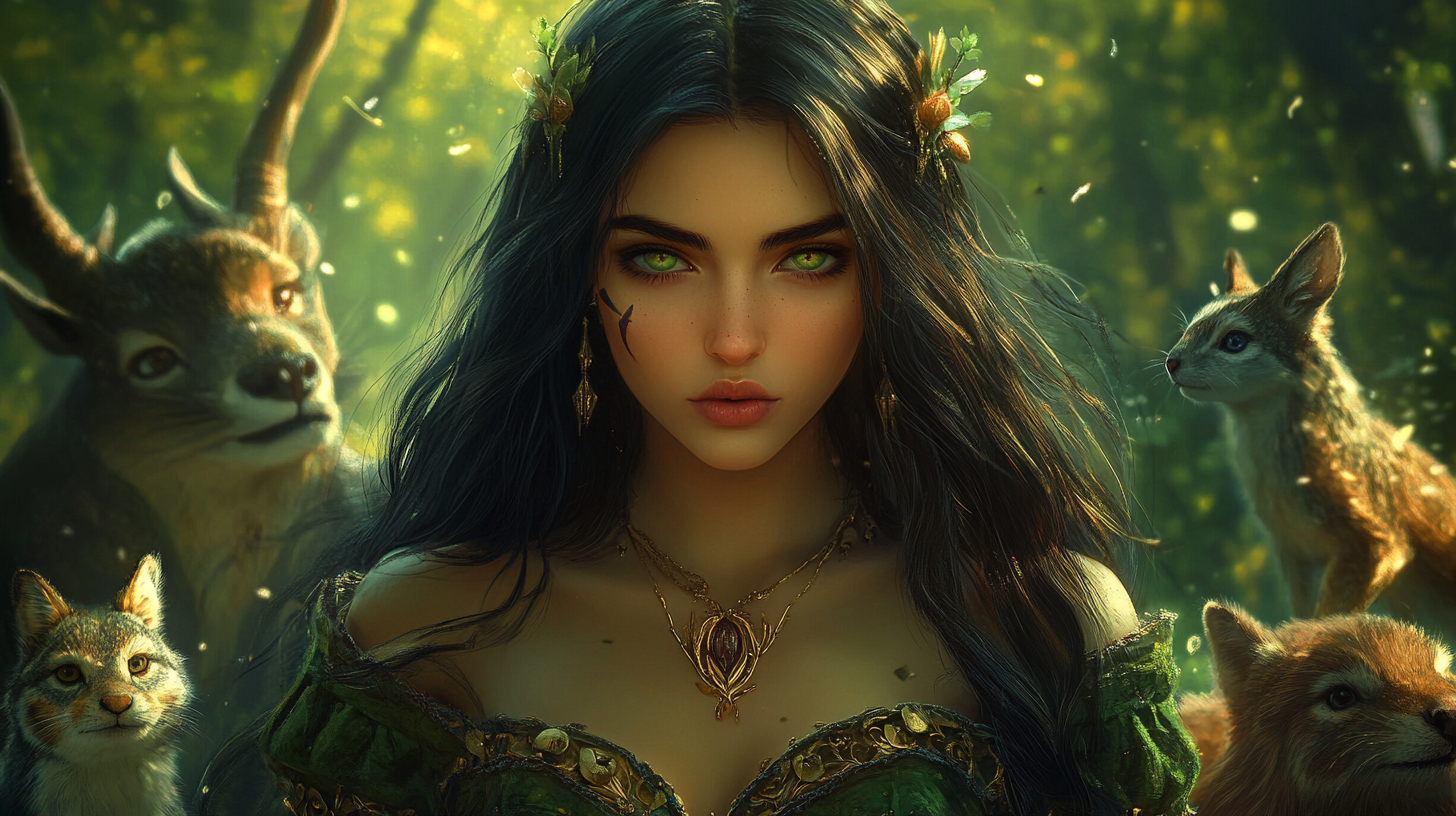 Angry Forest Princess with Animals in Realistic Portrait