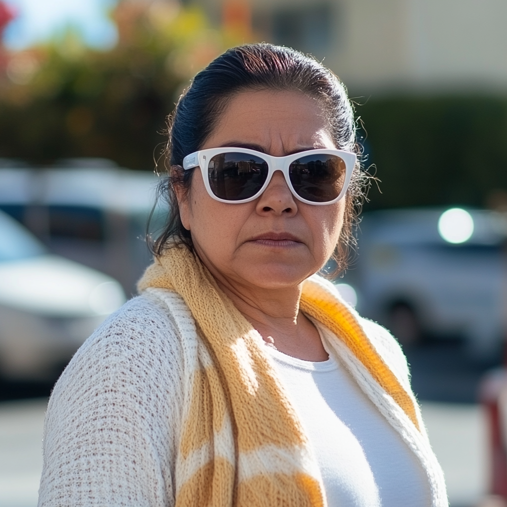 Angry Hispanic woman with white sunglasses in parking lot.