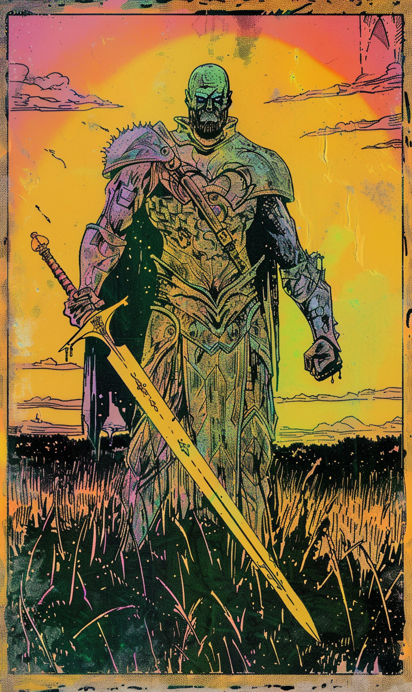 Angry Knight in Sunset Field: Vintage Trading Card